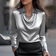 Merlina | Elegant Draped Neckline Satin Blouse